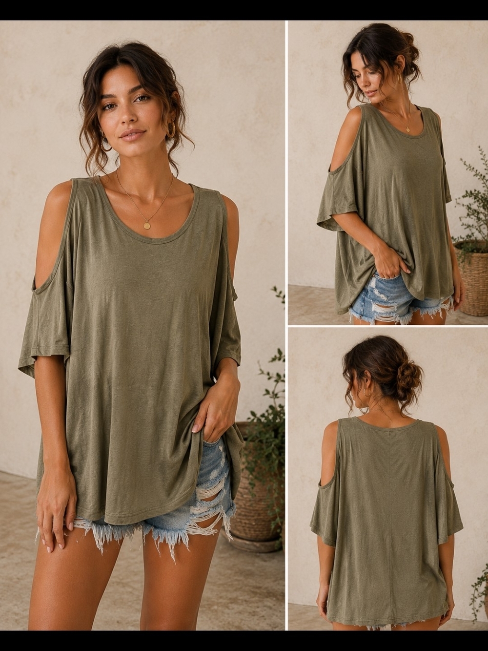 easel Olive Cold-Shoulder Relaxed Tunic